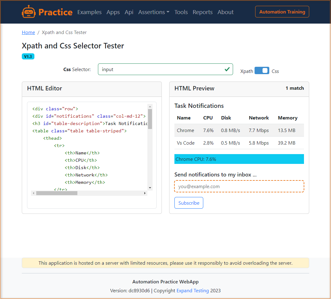 Xpath and Css Selector Tester